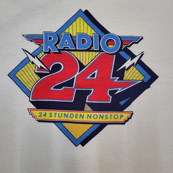 VTG 80s Radio 24 Switzerland T-Shirt Mens XS Single Stitch Slim Long - Picture 2 of 5